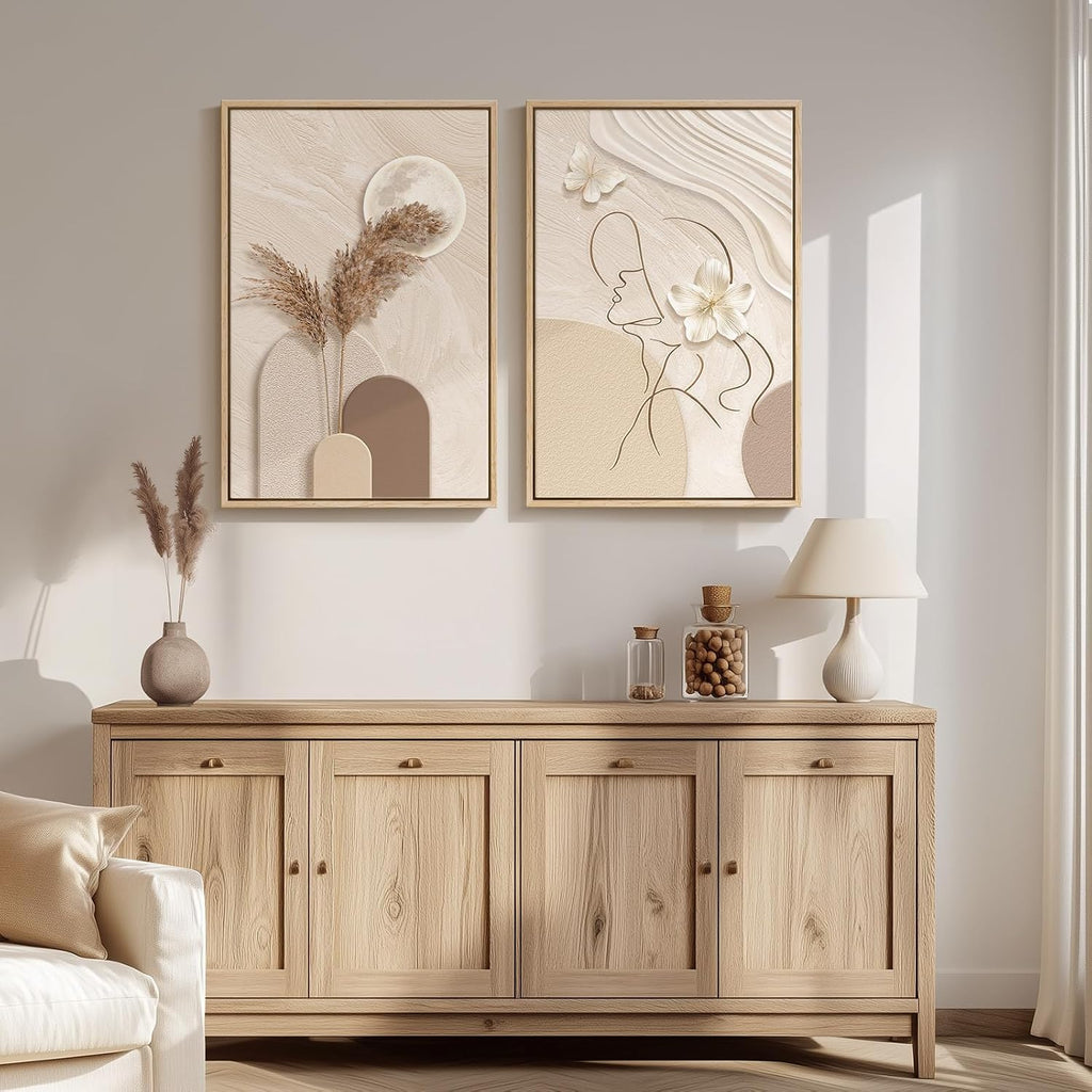 Framed Modern Neutral Beige Abstract Wall Art for Living Room, 20X30 Inch | Woman Silhouette, Canvas Prints, Large Painting, Modern Picture, Set of 2, Contemporary, Elegant Artwork, Wall Decor Bedroom