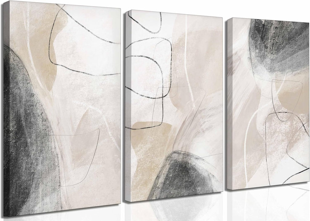 3Pcs Modern Abstract Canvas Wall Art | Neutral Minimalist Boho Beige and Black Grey Geometric Line Nordic Picture Wall Decor Poster Print Artwork for Living Room