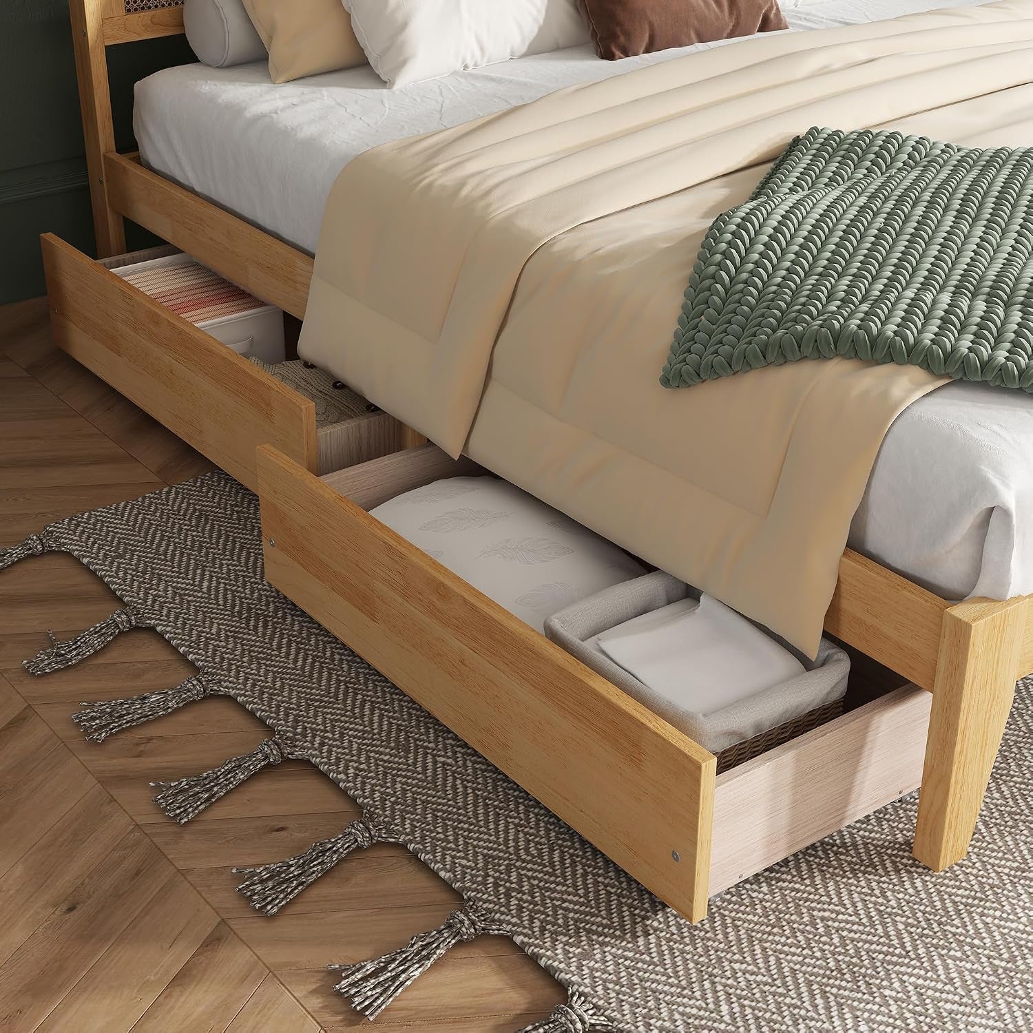 White oak rattan king bed frame