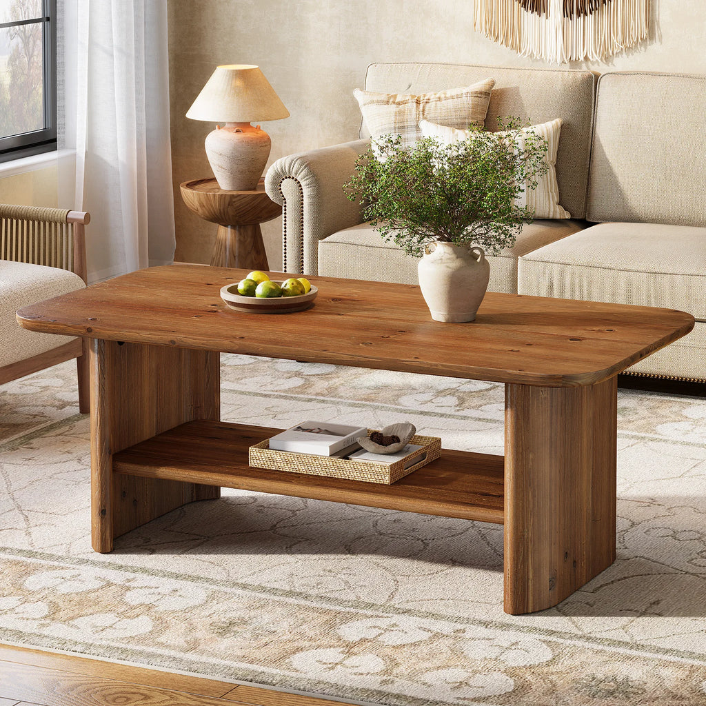 Solid Wood Coffee Table for Living Room, 47.24" Rectangle Coffee Table with Storage, 2-Tier Farmhouse Center Furniture for Home, Apartment, Office, Brown