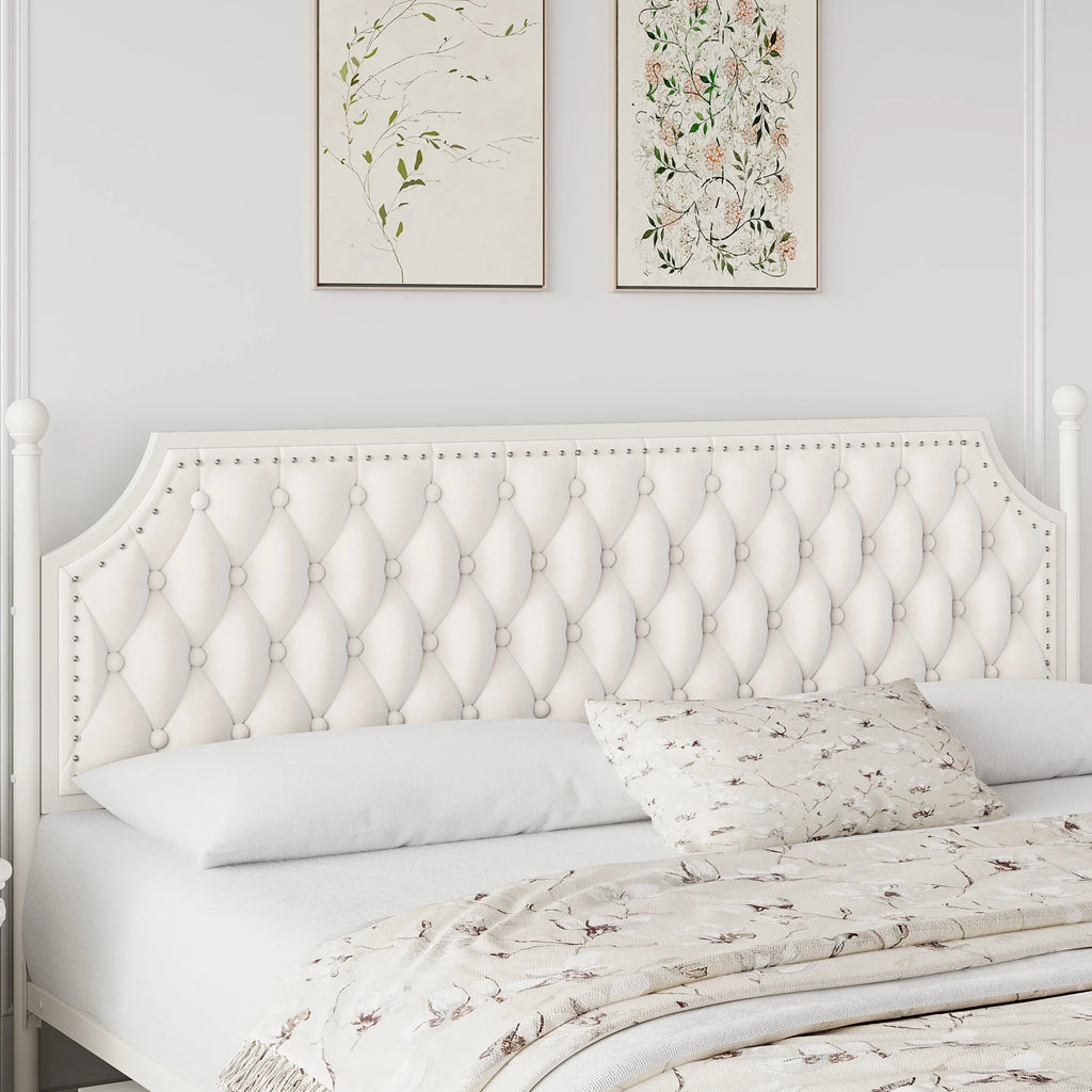 King Bed Frame with 3 Drawer, Canopy Bed Frame with Storage & Upholstered Headboard for Bedroom, Curtain Not Included, Beige