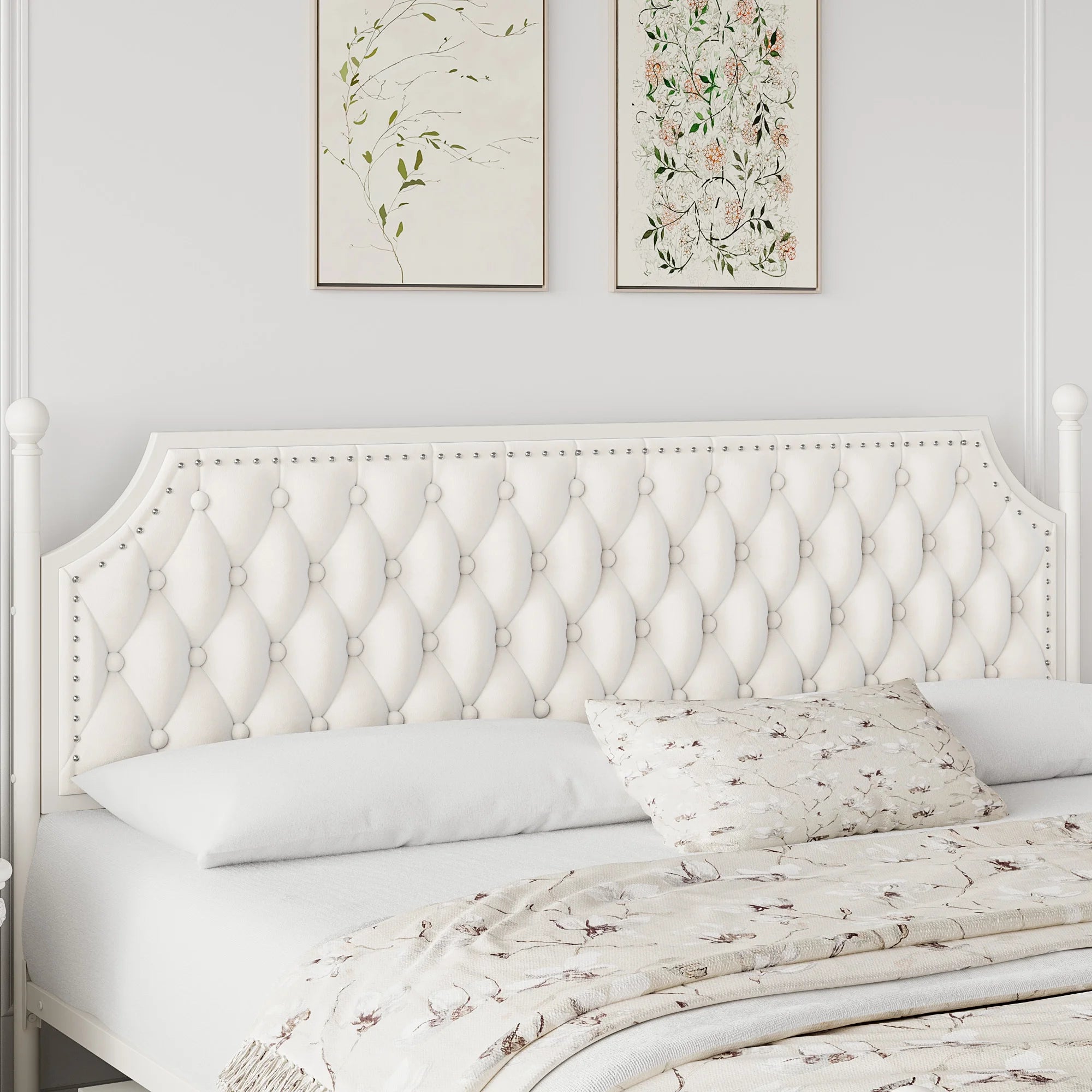 King Bed Frame with 3 Drawer, Canopy Bed Frame with Storage & Upholstered Headboard for Bedroom, Curtain Not Included, Beige