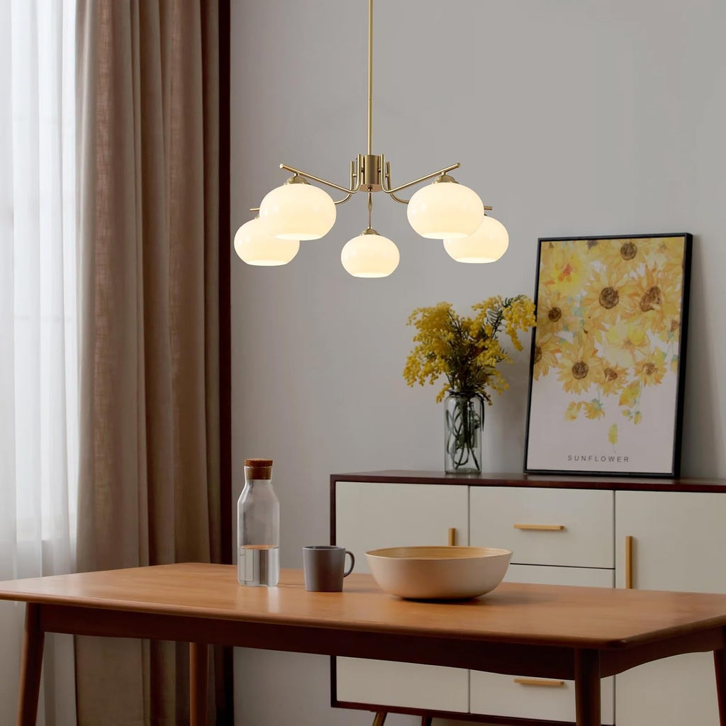 5-Light Brushed Brass Gold White Milk Glass Globe Sputnik Chandelier | 7.1” Shade, Adjustable Height, Mid Century Modern Ceiling Pendant Light Fixture for Dining Room Kitchen Living Room Bedroom