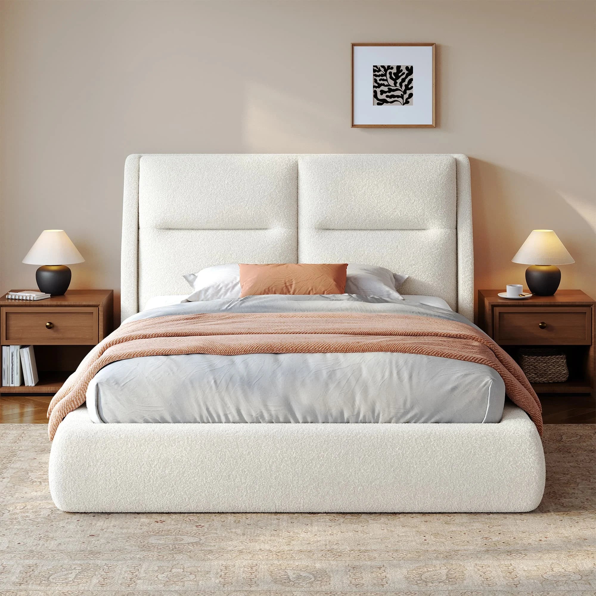 Boucle upholstered cloud bed frame
