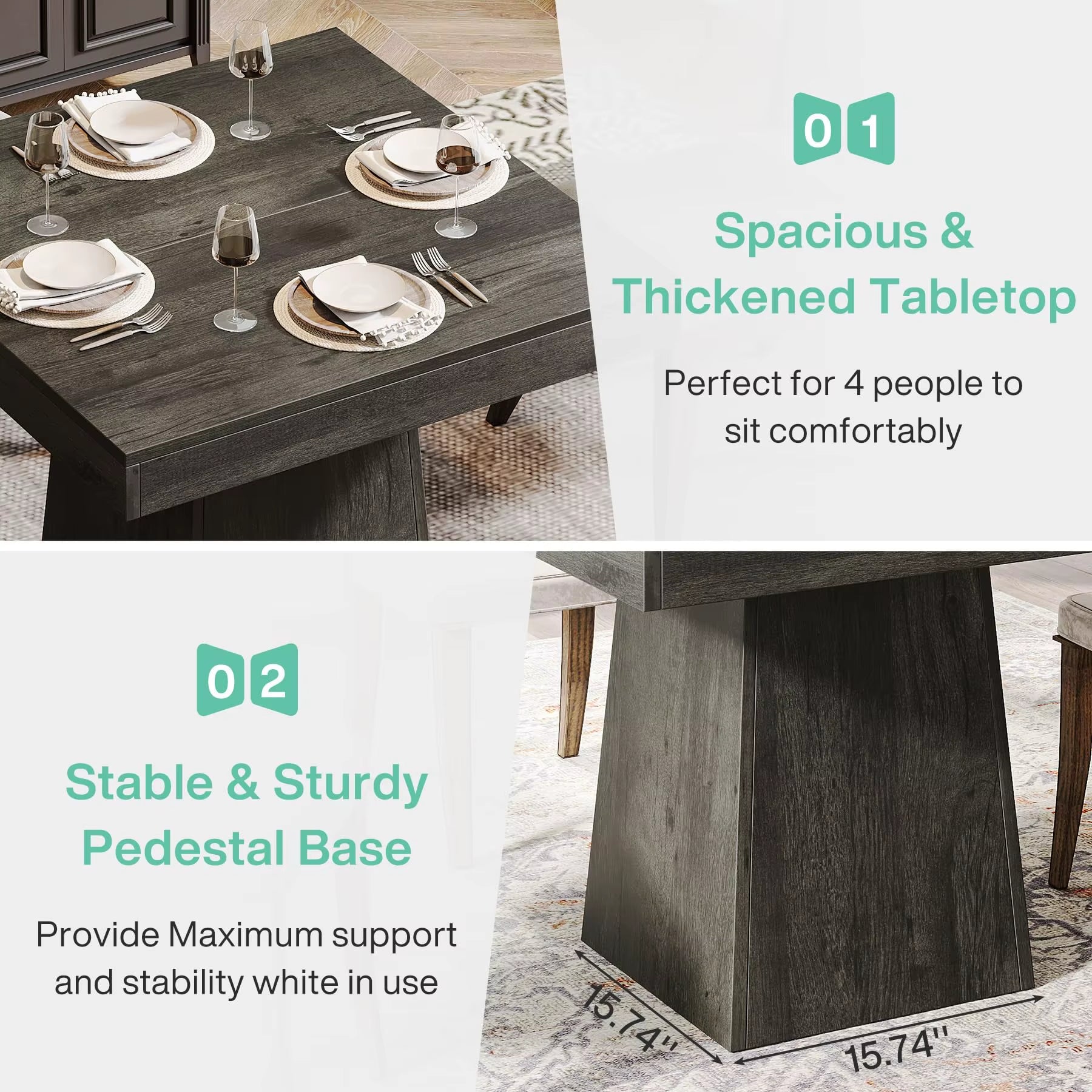 Square Dining Table for 4, 31.5-Inch Kitchen Table Small Dinner Table with Sturdy Pedestal Base, Farmhouse Dining Roo