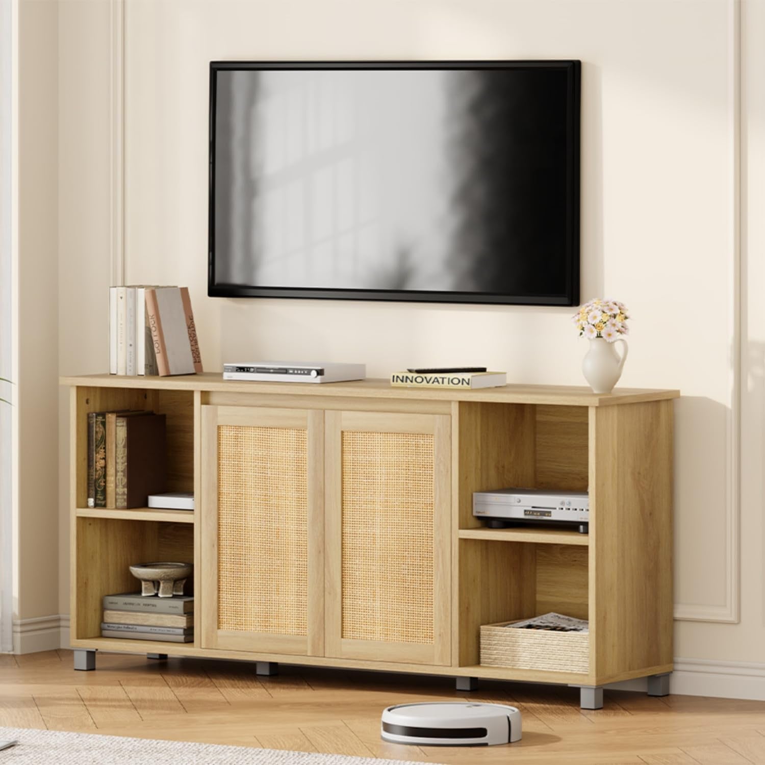 Rattan TV Stand for 65" Tvs, Natural Oak Media Console | Storage Cabinet & Adjustable Shelves, Boho Media Console, Natural Oak Finish, Rattan Doors, Living Room Bedroom