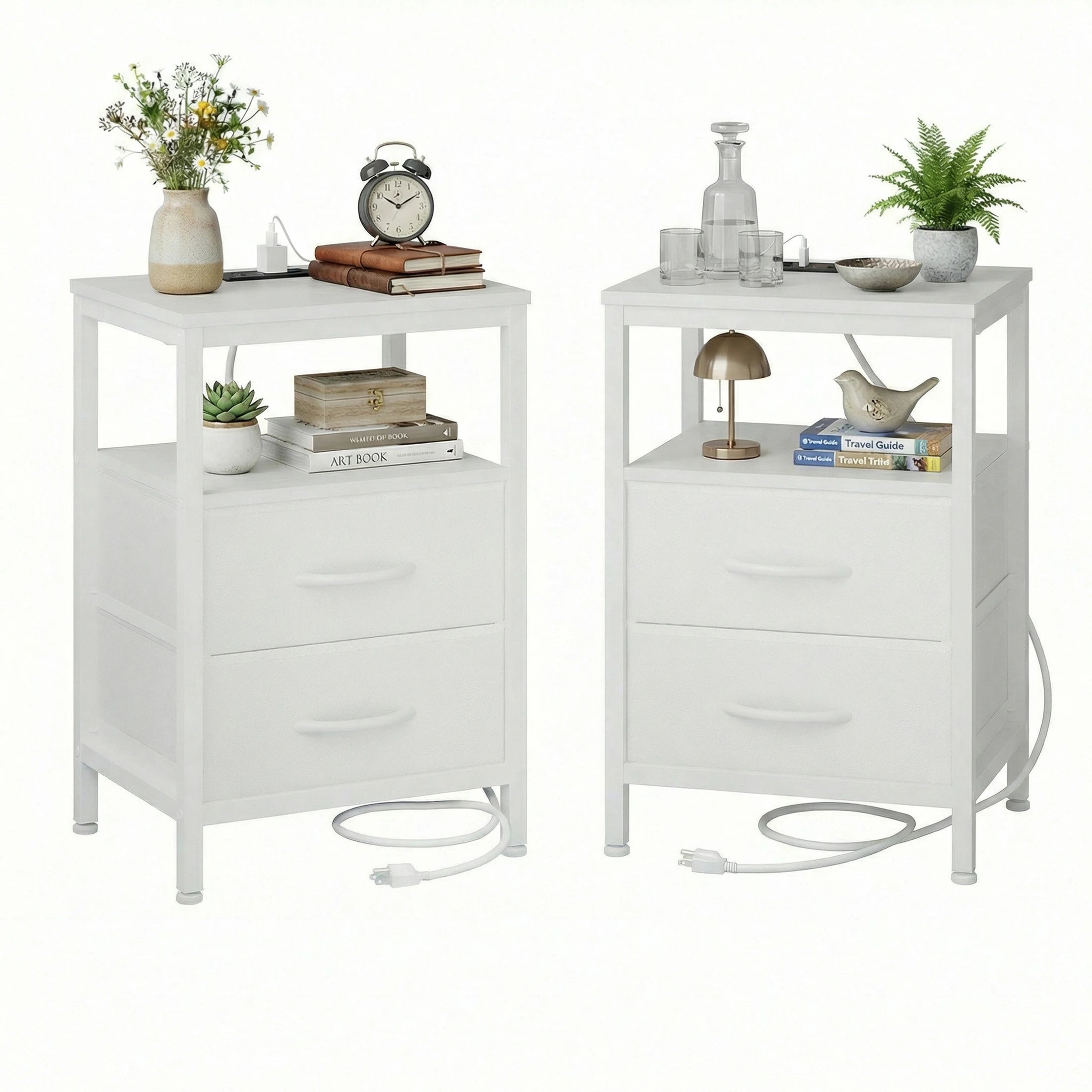 2 Fabric Drawers Nightstands Set of 2 with Open Shelf Bedside Table with USB Ports Charging Station for Living Room Bedroom