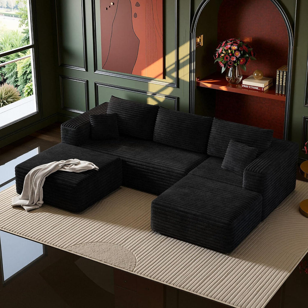 108" Boneless Sectional Cloud Couch for Living Room | U Shaped Sofa, Deep Seat, 2 Ottomans, Soft Corduroy Couches, No Assembly, Moudalr Couch in a Box (Black)