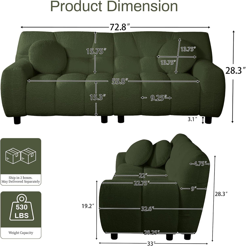 72.8" Cloud Couch Sherpa Modern Loveseat Comfy Boucle Sofa, Green | Boucle Sofa Modern Cloud Couch Comfy Loveseat, Deep Seat Sherpa Tufted Couches for Living Room, Office, Bedroom