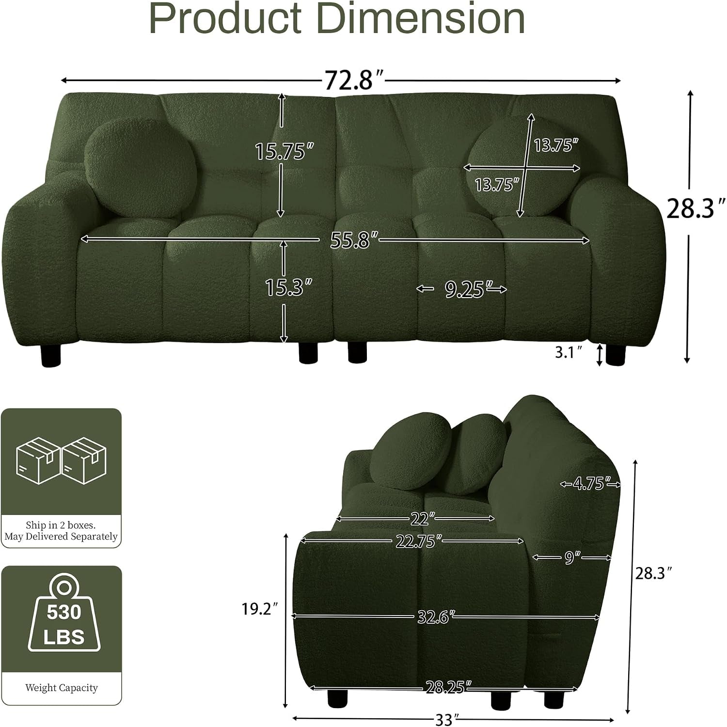 72.8" Cloud Couch Sherpa Modern Loveseat Comfy Boucle Sofa, Green | Boucle Sofa Modern Cloud Couch Comfy Loveseat, Deep Seat Sherpa Tufted Couches for Living Room, Office, Bedroom