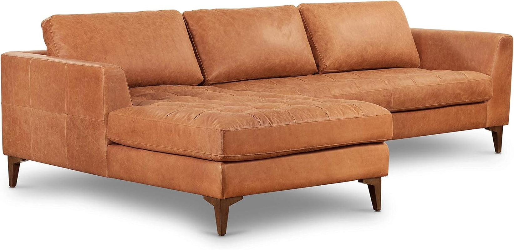POLY & BARK Calle Left-Facing Sectional Sofa, Full-Grain Pure-Aniline Italian Leather, Cognac Tan, Solid Wood Legs