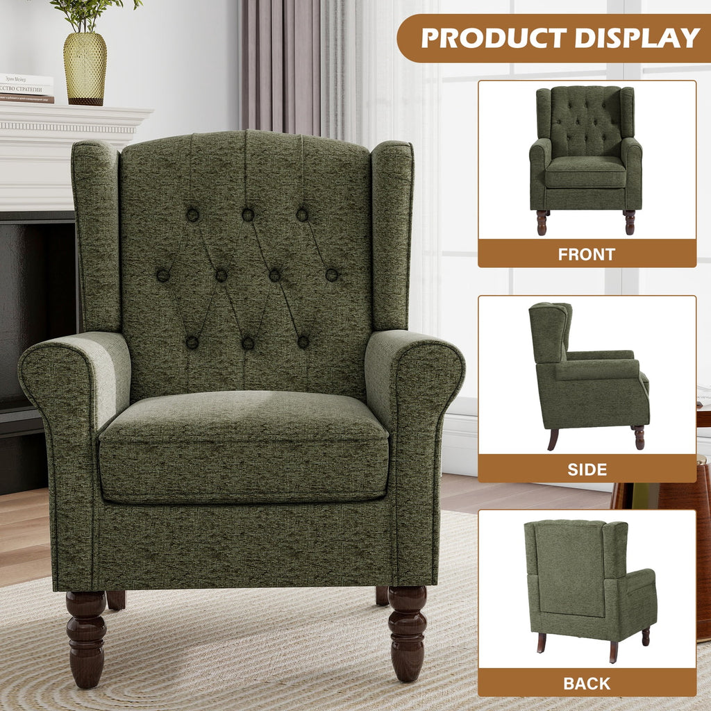 Wingback Accent Chair Upholstered Arm Chair High Back Chair Living Room with Solid Wood Frame, Tufted Green