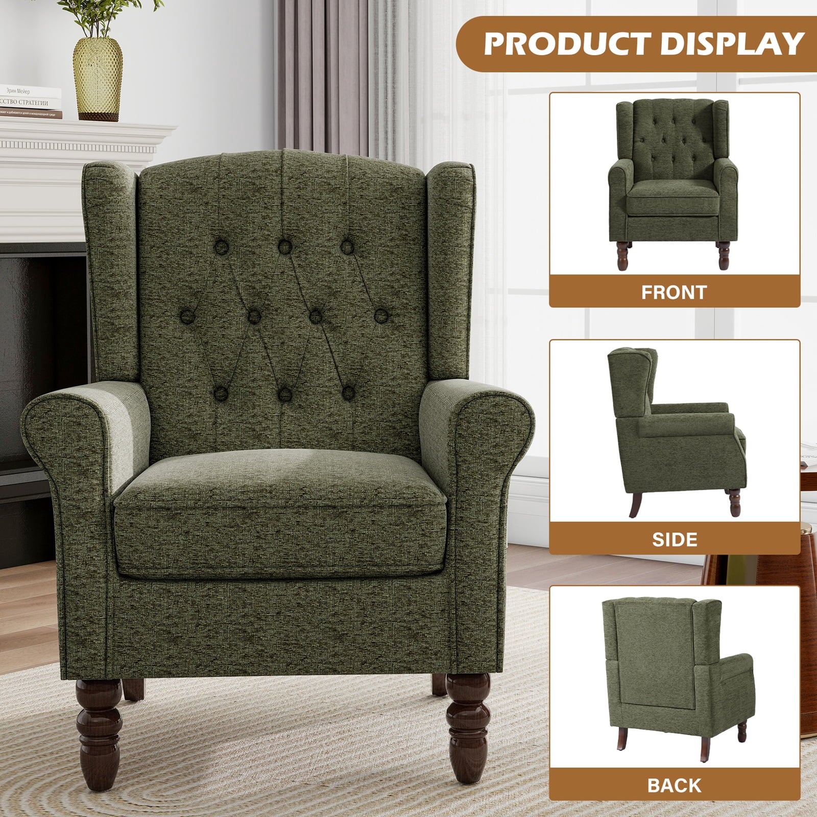 Wingback Accent Chair Upholstered Arm Chair High Back Chair Living Room with Solid Wood Frame, Tufted Green