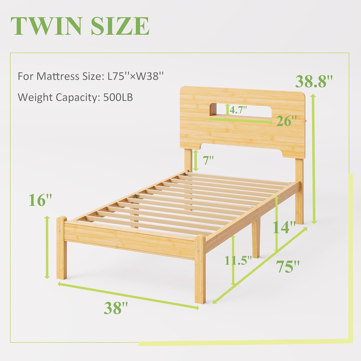 Solid Bamboo Wood Bed Frame Twin with Storage Headboard, 14 Inch Platform Bed Frame Twin Size No Box Spring Needed with Steel Slats, Sturdy and Stable, Easy Assembly, Noise Free