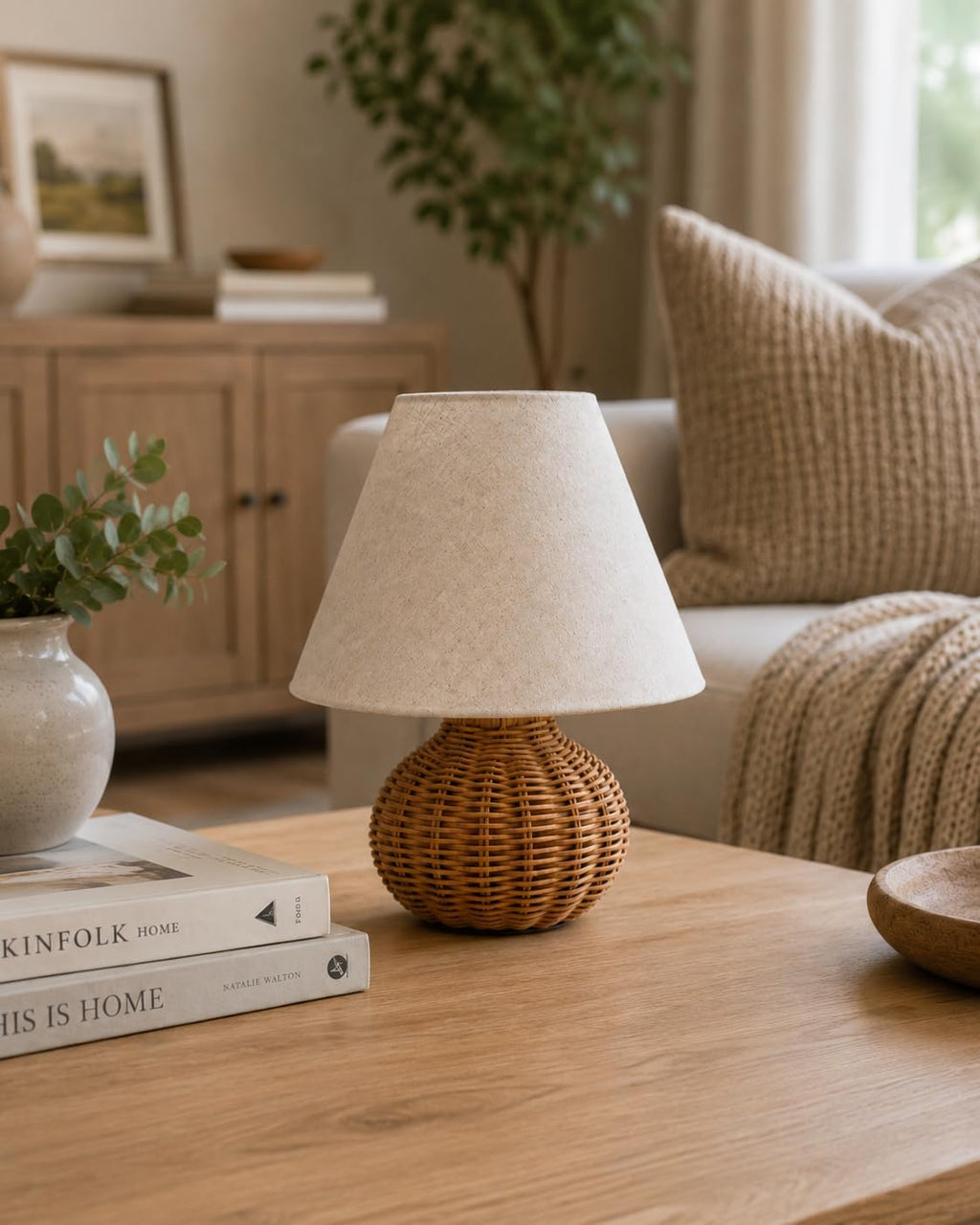 11" Small Mini Wicker Table Lamp, Dimmable Rattan Bamboo Lamp with Off-White Fabric Shade, Boho Accent Light for Nightstand, Nursery, Small Spaces, Kitchen Counter, Bookshelf