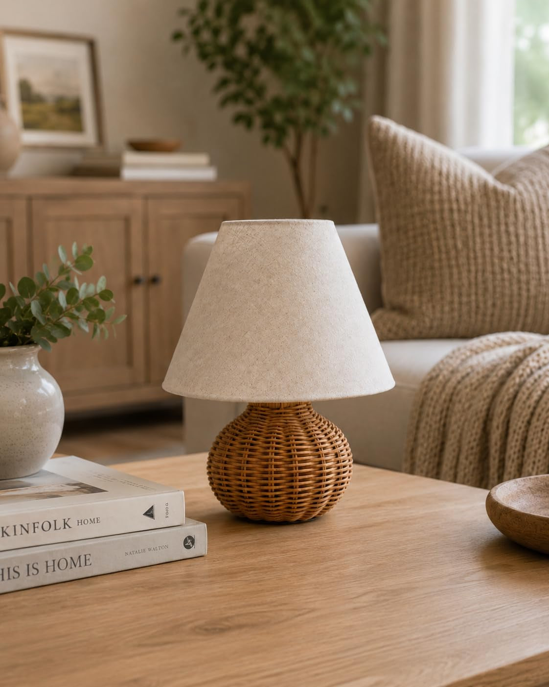 11" Small Mini Wicker Table Lamp, Dimmable Rattan Bamboo Lamp with Off-White Fabric Shade, Boho Accent Light for Nightstand, Nursery, Small Spaces, Kitchen Counter, Bookshelf