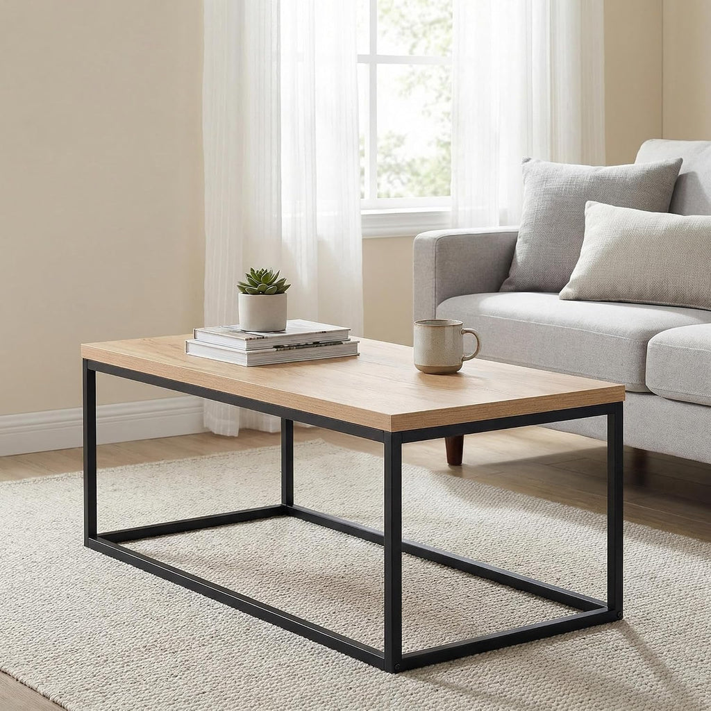 40" Natural Oak Coffee Table, Extra Thick 1.2" Top | Modern Industrial Style, Black Metal Legs, Rectangle Minimalist Design, Sturdy & Easy Assembly