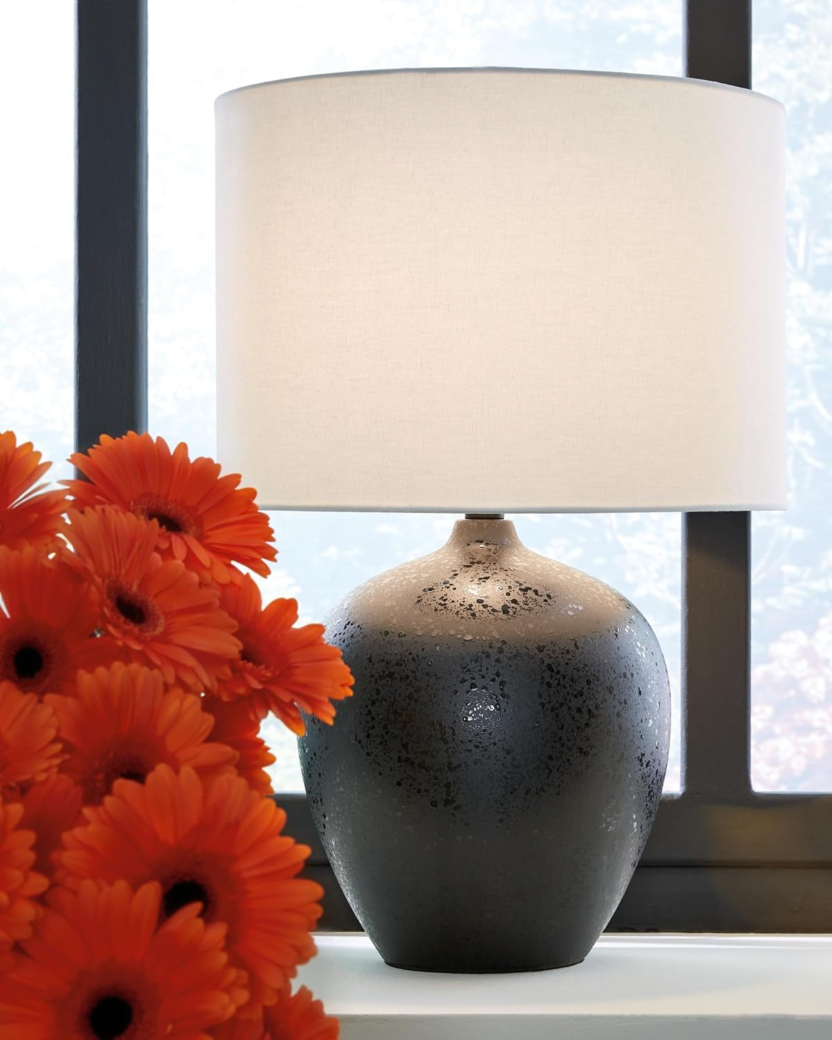 Signature Design by Ashley Ladstow Urban 22.5" Sleek Ceramic Table Lamp, Black | Touch-Activated 3-Way Base, White Drum Hardback Fabric Shade, Extra-Long 103-Inch Cord for Flexible Placement