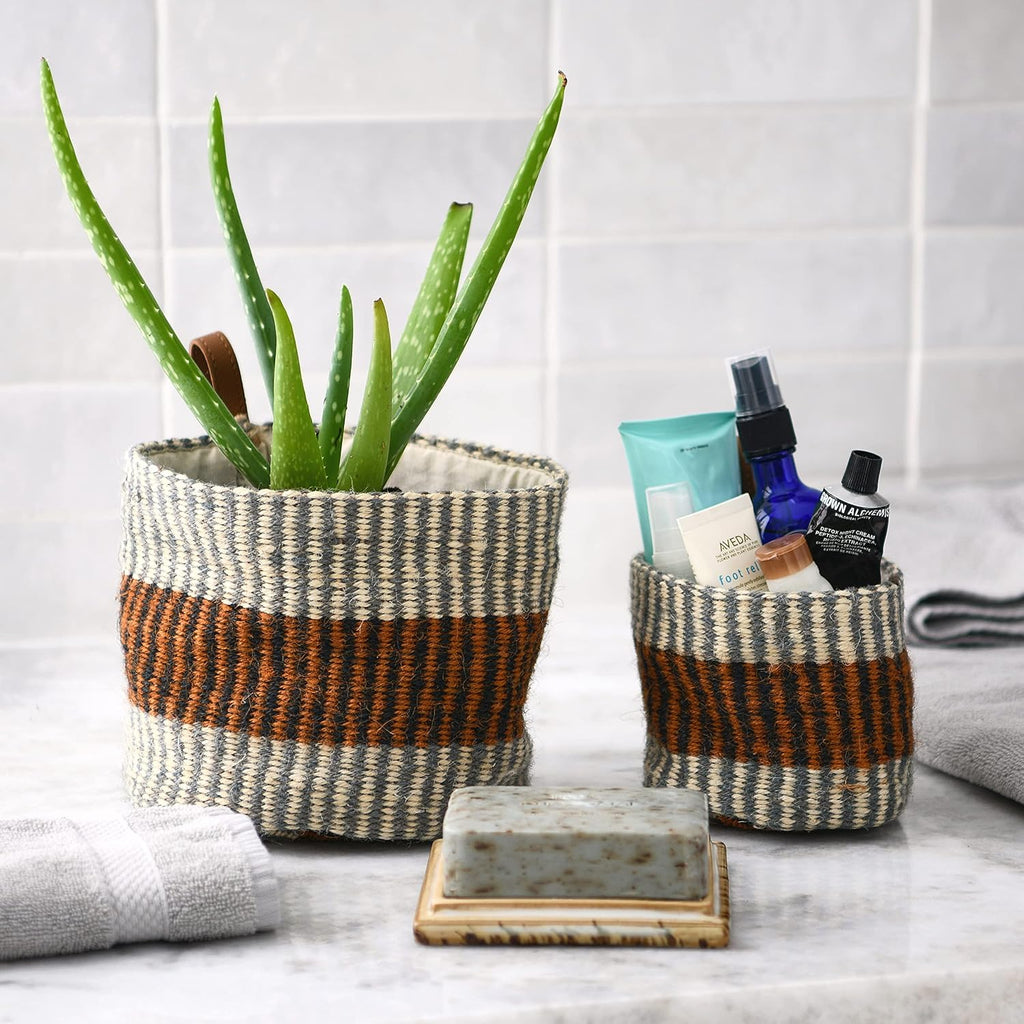 Woven Jute Baskets with Liner, Rust Striped, Set of 2 Sizes