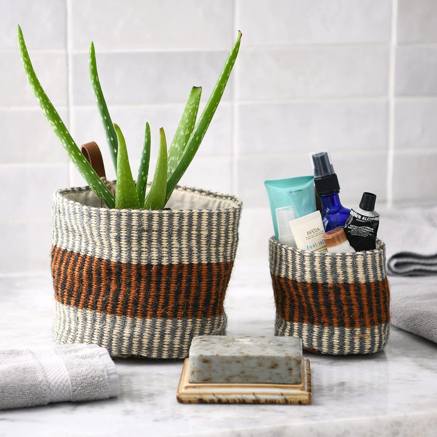 Woven Jute Baskets with Liner, Rust Striped, Set of 2 Sizes
