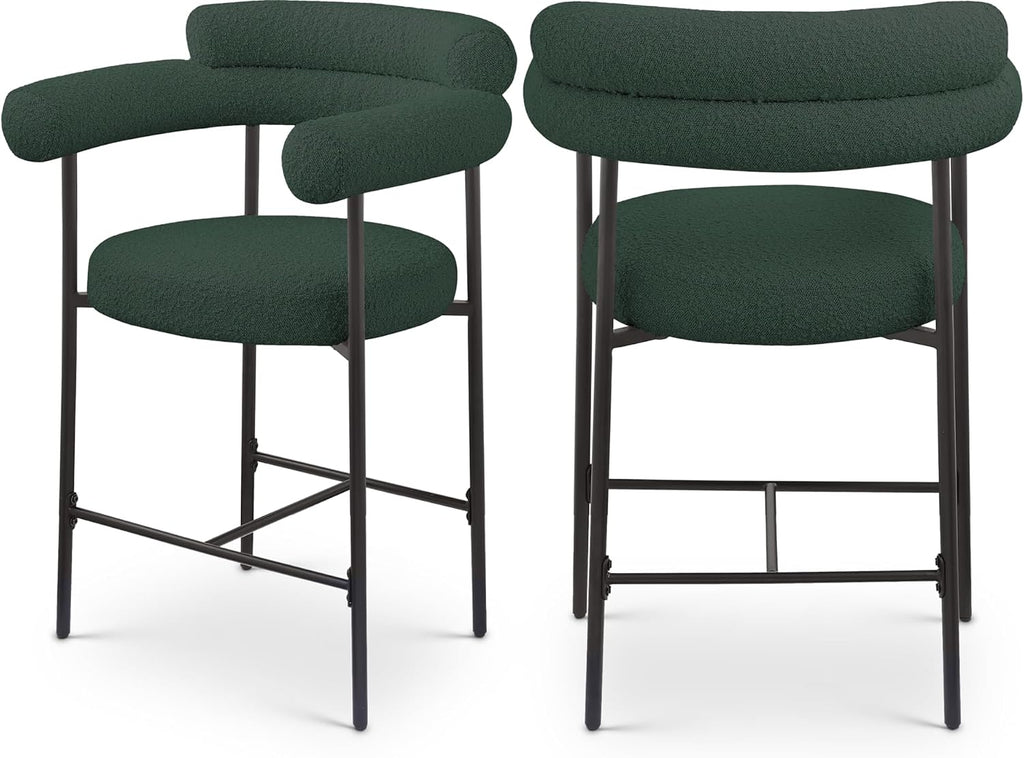 Meridian Furniture 986Green-C Blake Collection Modern | Contemporary Counter Stool with Rich Green Boucle Fabric, Matte Black Iron Metal Frame, 26" W X 23.5" D X 38" H, Green, Set of 2