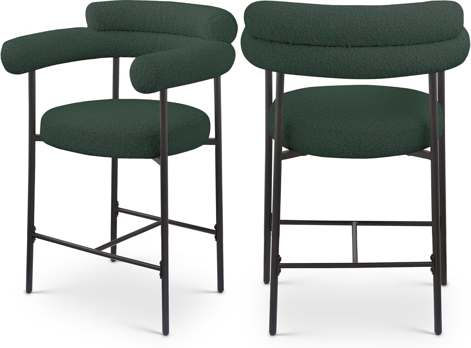 Meridian Furniture 986Green-C Blake Collection Modern | Contemporary Counter Stool with Rich Green Boucle Fabric, Matte Black Iron Metal Frame, 26" W X 23.5" D X 38" H, Green, Set of 2