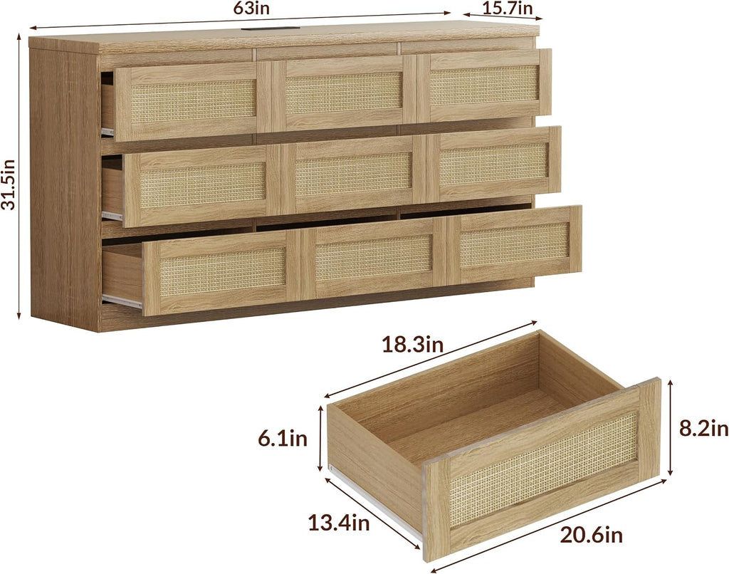Dresser for Bedroom, Rattan 9 Drawer Dresser for Closet, Double Wood Dressers & Chest of Drawers for Nightstands, TV Stands, Living Room, Entryway, Hallway, Cloakroom