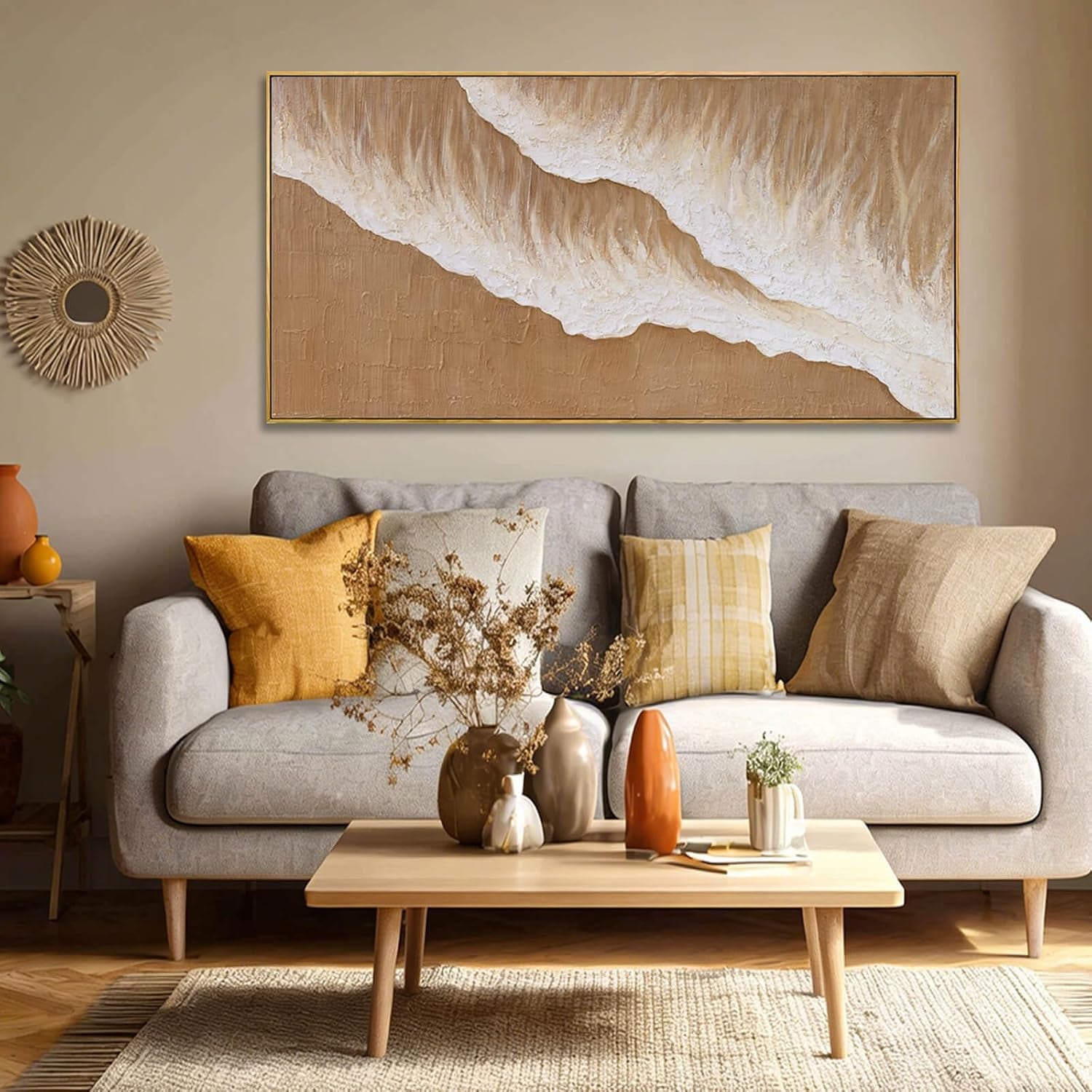 Neutral Beige Textured Canvas Prints 24X48 Inch, Large Framed Artwork with Wooden Frame, Modern Abstract Home Decoration for Bedroom Living Room or Office
