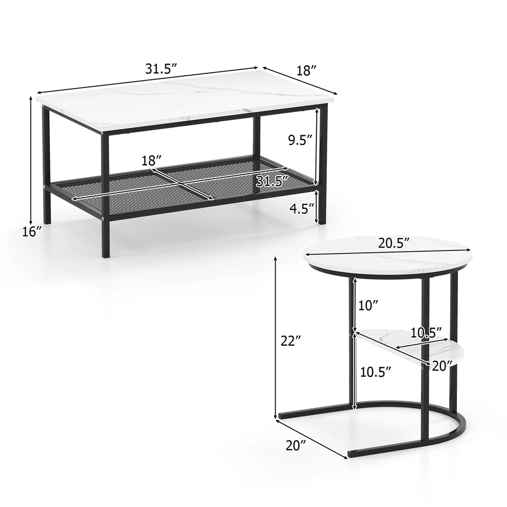 Coffee Table Set of 2, 2-Tier Coffee Table and Side End Table W/ Storage Shelves