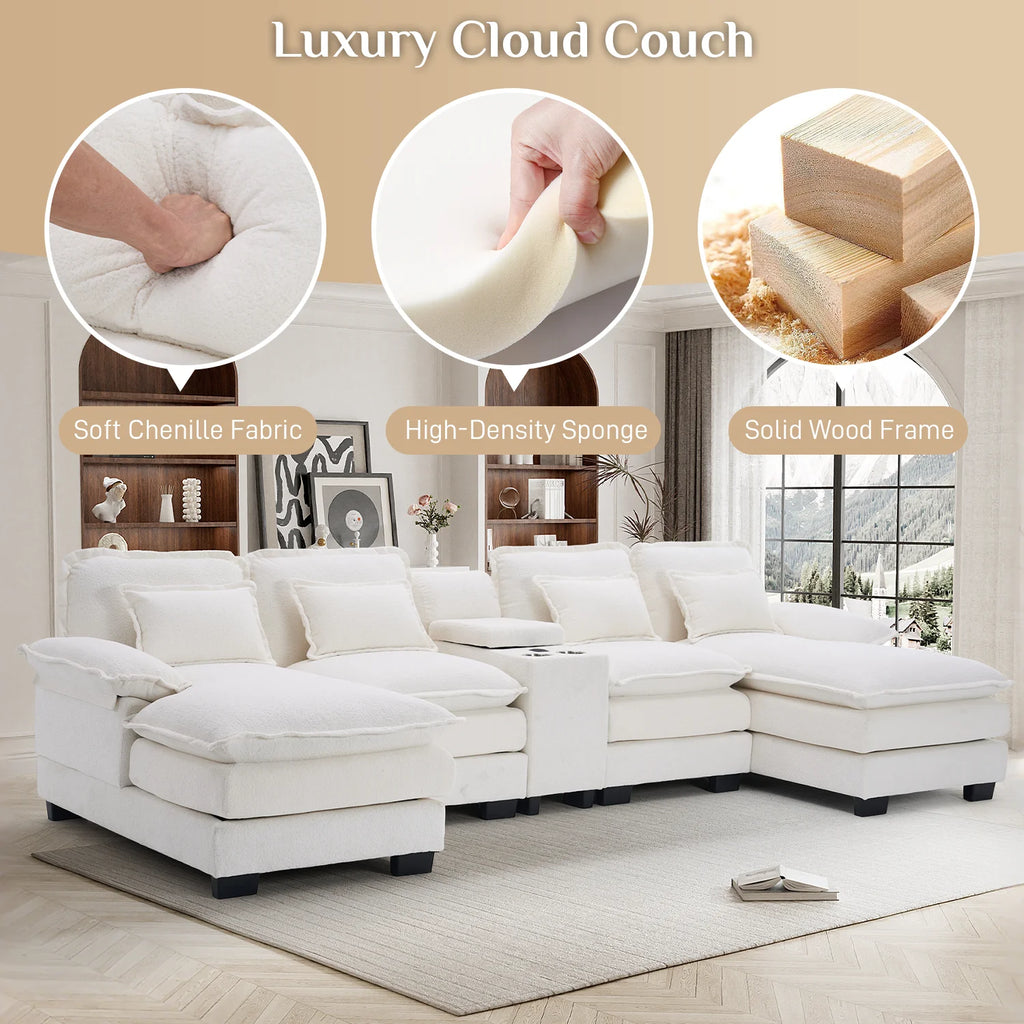 133" U Shaped Cloud Couch Modular Sectional Couches for Living Room Fluffy Chenille Deep Seat Sofa Set with Double Chaise Lounge, Storage Central Console, Cup Holders, USB Port, Beige White