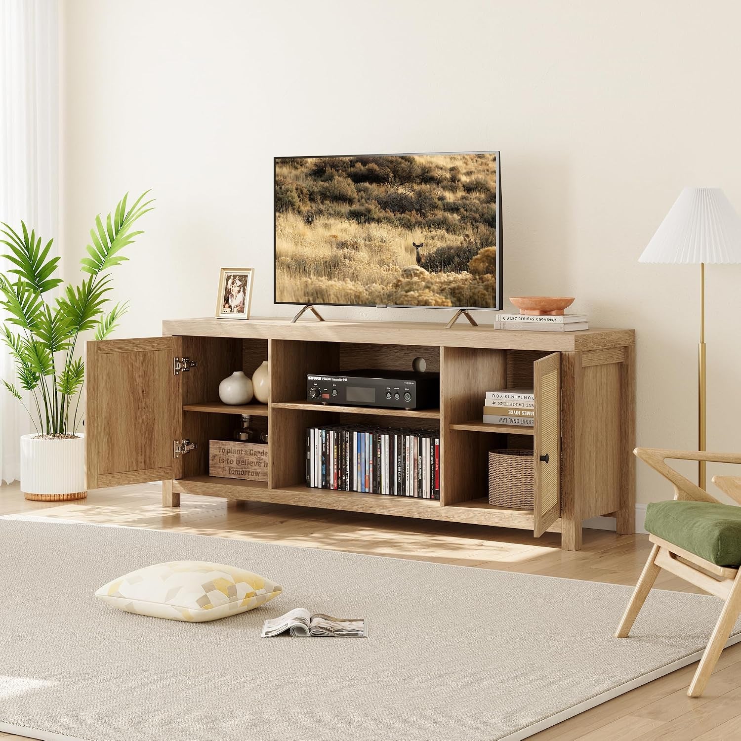 Natural oak boho rattan media console
