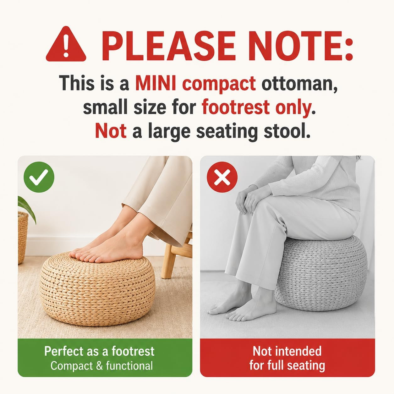 Small Straw Pouf Ottoman, Low Natural Footrest, Dia: 12.2" | Natural, Eco-Friendly, Lightweight, Anti-Slip, Breathable, Boho Tatami Footstool for Living Room Bedroom Patio