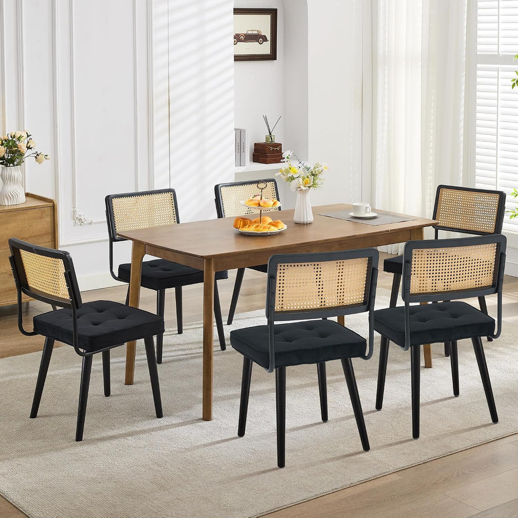 Natural Rattan Dining Chairs Set of 4, Linen Upholstered Kitchen Chairs with Tall Cane Backrest, Wood Legs, Mid Century Dining Room Chairs for Kitchen, Restaurant, Living Room(Velvet | Black)