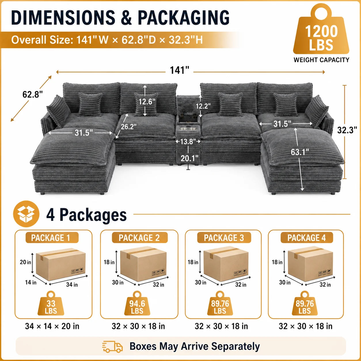 141" 7-Piece U-Shaped Sofa Set, Modular Sectional with Console, Coffee Table & 6 Pillows, for Large Living Room or Office