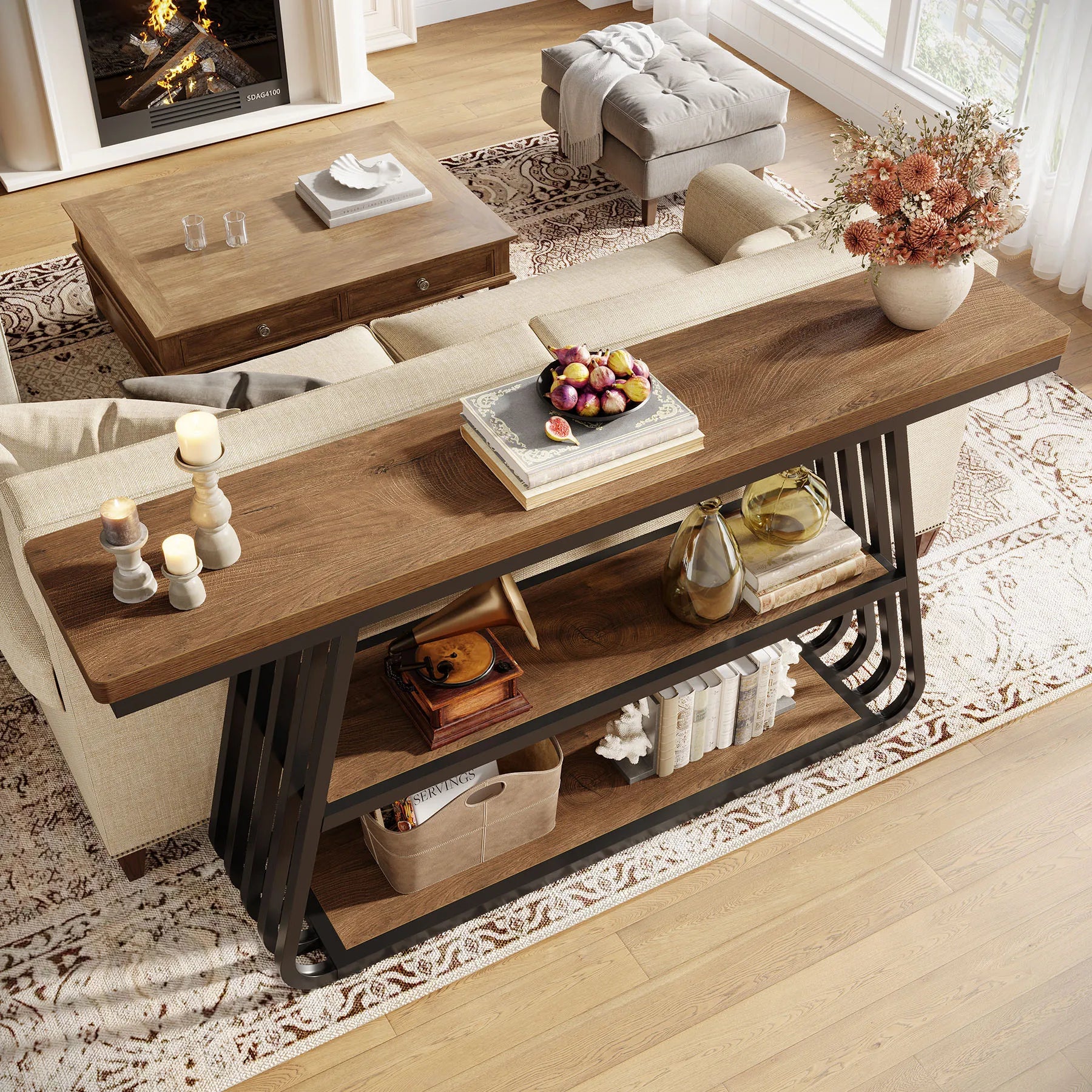 55" Entryway Table with Shelves, 3-Tier Console Table Sofa Table with Iron Frame, Wooden Entry Table for Living Room, Foyer, Hallway, Industrial Style