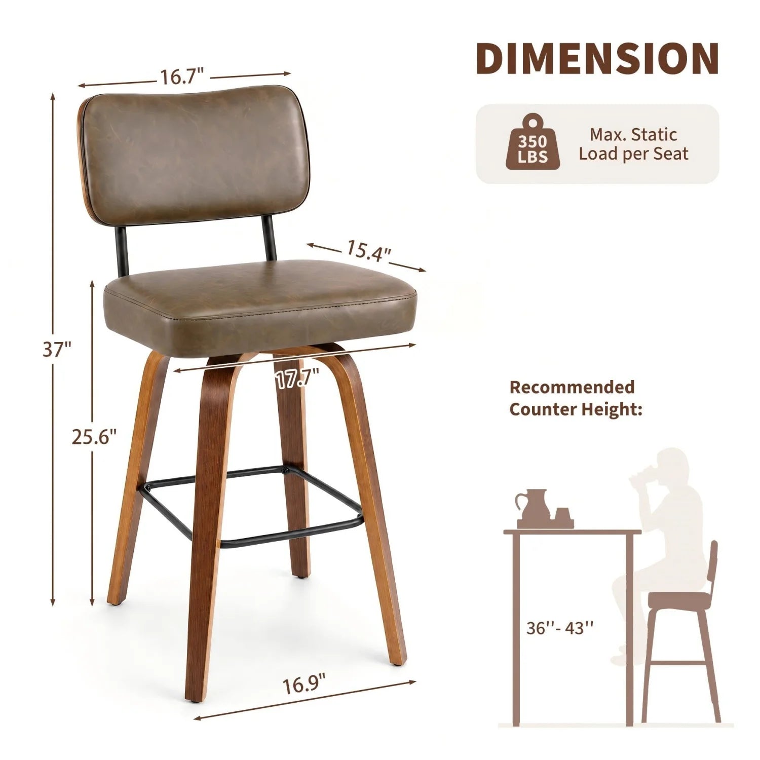 3 Pack Counter Height Bar Stools, Swivel Bar Stools with Back & Wood Legs,Faux Leather Upholstered Counter Stools for Kitchen Counter