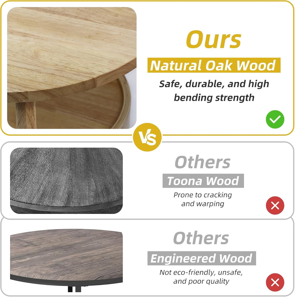 Round Coffee Table with Storage and Hidden Drawer - 20" D X 20" H Natural Wood Side Table with Sliding Drawer, Mid Century Modern Coffee Table, Small Coffee Table for Living Room, Natural Wood Color