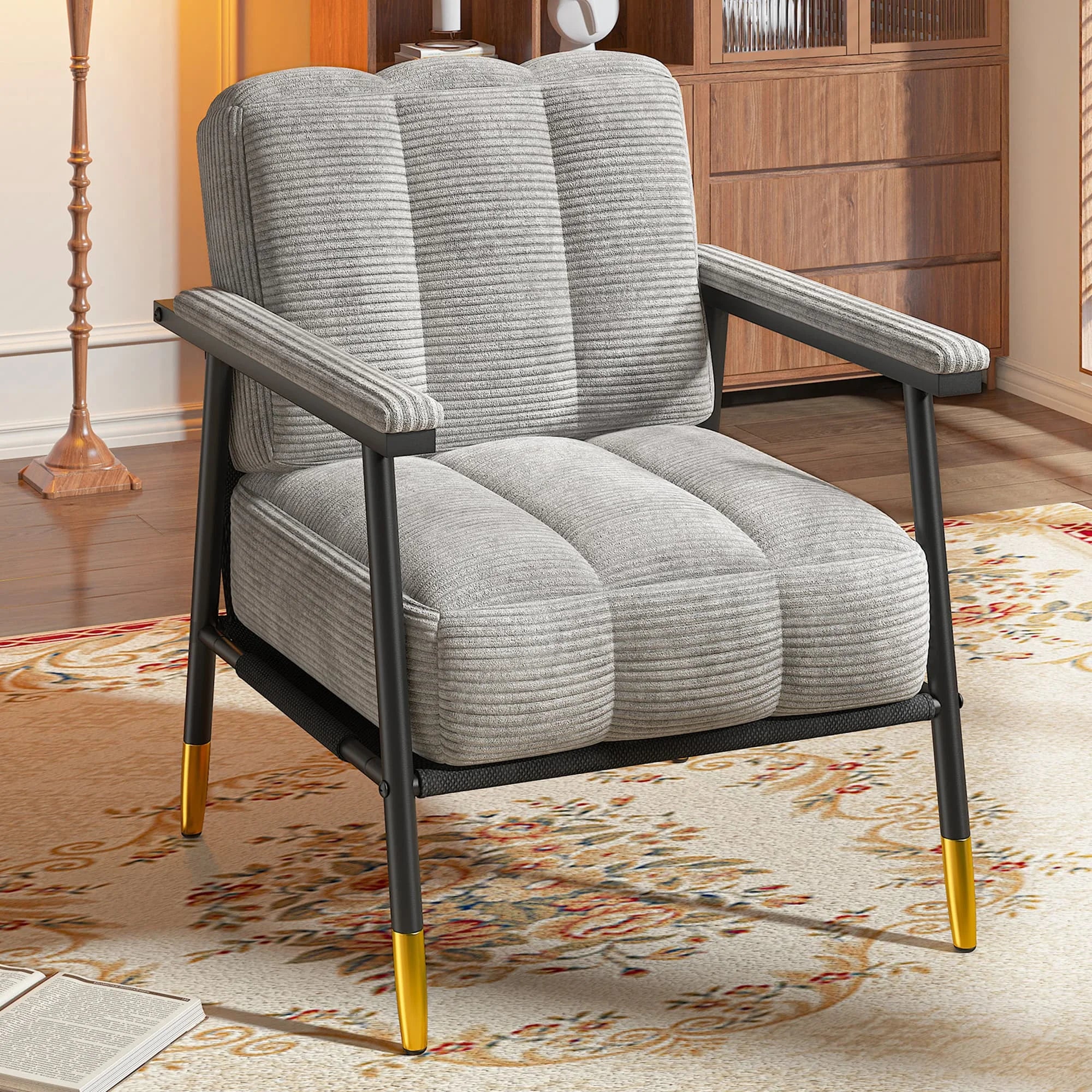 Modern Living Room Chair, Upholstered Armchair with Thick Cushion, Mid-Century Accent Chair with Metal Frame for Bedroom, Balcony and Porch