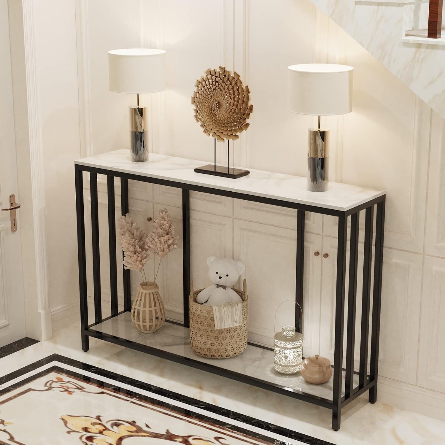 White two tier marble console table
