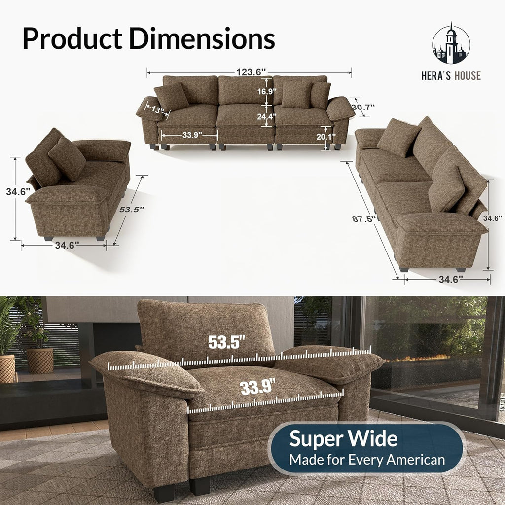 3 Pieces Modular Sectional Couch Set with Armchair Loveseat | Modern 6-Seater Cloud Sofa Set , Grayish Brown, Wider Armrest, Deep Seat, Soft Chenille Furniture Set for Living Room
