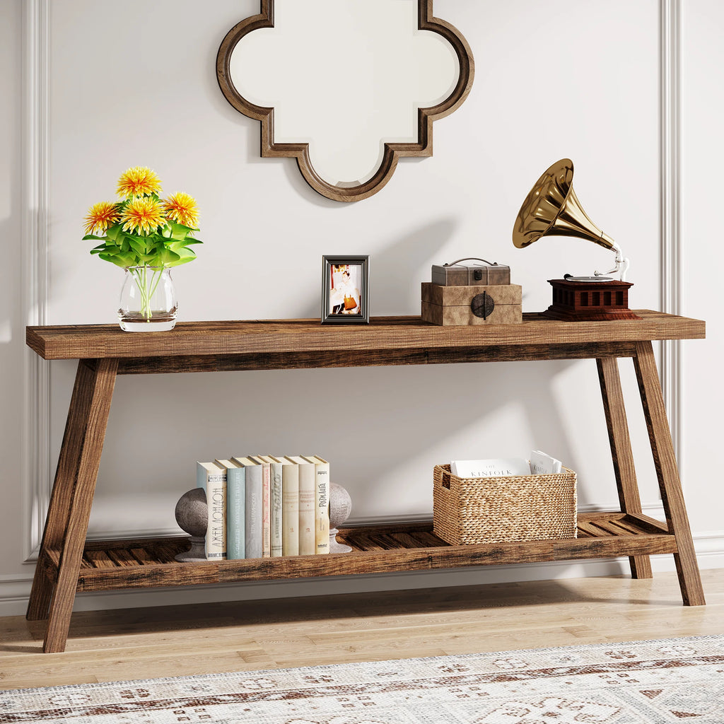 Farmhouse Console Entryway Table: 70.9 Inches All Wood Console Table for Entrance, 2 Tiers Narrow Long behind Couch S