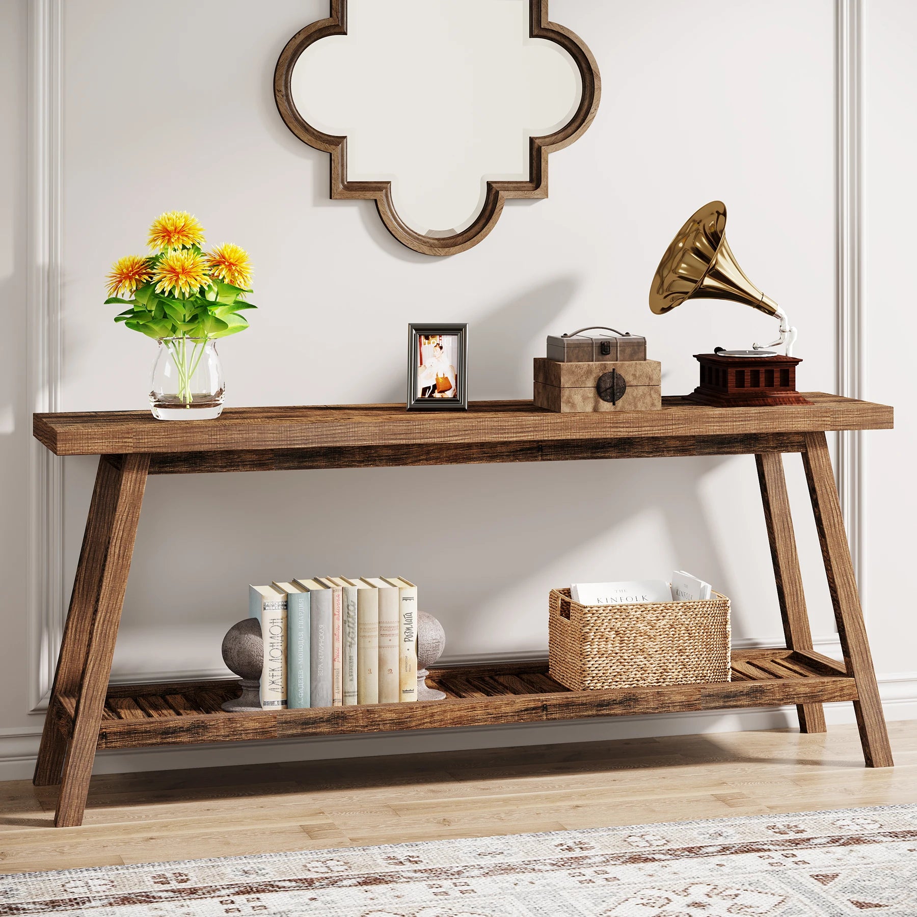 Farmhouse Console Entryway Table: 70.9 Inches All Wood Console Table for Entrance, 2 Tiers Narrow Long behind Couch S