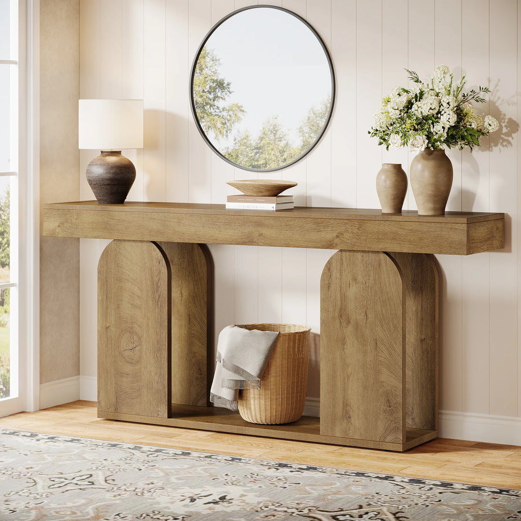 Farmhouse Wood Console Table, 70.9-Inch Entryway Accent Table with U-Shaped Base, 2-Tier Extra Long Sofa Tables for Entrance, Hallway, Living Room (Light Brown)