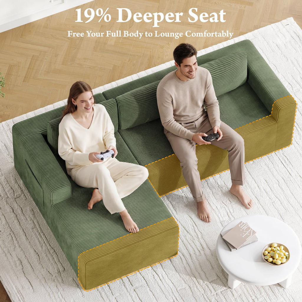 Modular Sectional Sofa Couches L-Shape Couch 3 Seat Modular Sofa Memory Foam Sectional Couches for Living Room, Cloud Couch with Oversized Chaise (Green Stripe, 94.5" Left Facing Chaise)