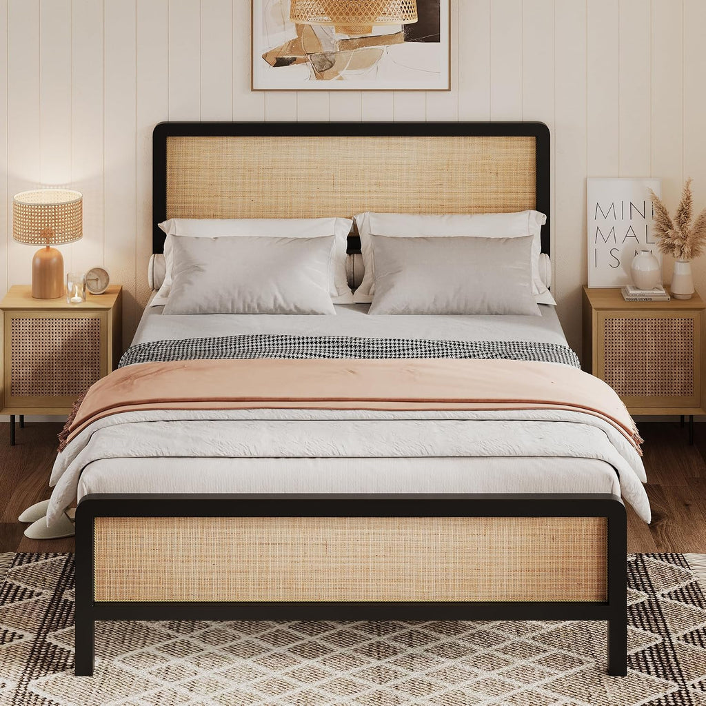 Boho Rattan Queen Size Bed Frame with Headboard & Footboard, Sturdy Black Metal Platform Bed, Natural Rattan Headboard, Under-Bed Storage, No Box Spring Needed, Noise-Free Slat