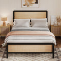 Boho Rattan Queen Size Bed Frame with Headboard & Footboard, Sturdy Black Metal Platform Bed, Natural Rattan Headboard, Under-Bed Storage, No Box Spring Needed, Noise-Free Slat