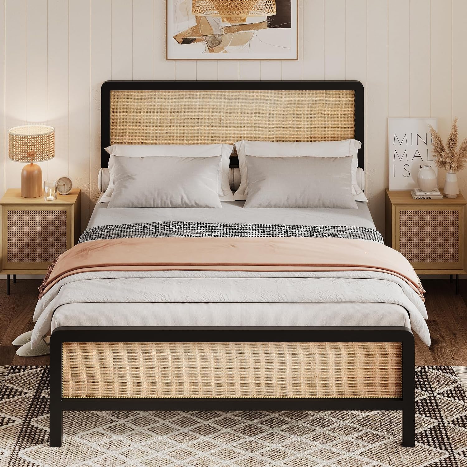 Boho Rattan Queen Size Bed Frame with Headboard & Footboard, Sturdy Black Metal Platform Bed, Natural Rattan Headboard, Under-Bed Storage, No Box Spring Needed, Noise-Free Slat