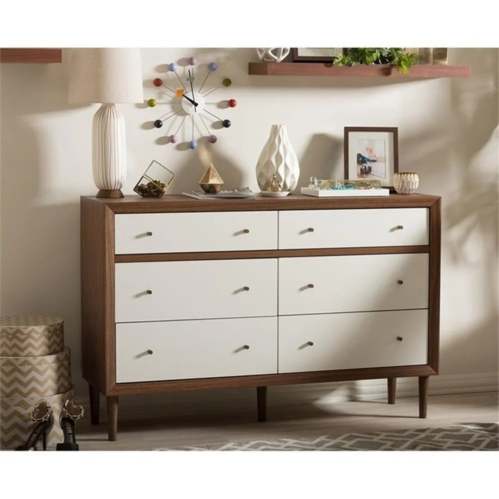 Baxton Studio Harlow Mid-Century Modern Scandinavian Style White and Walnut Wood 6-Drawer Storage Dresser