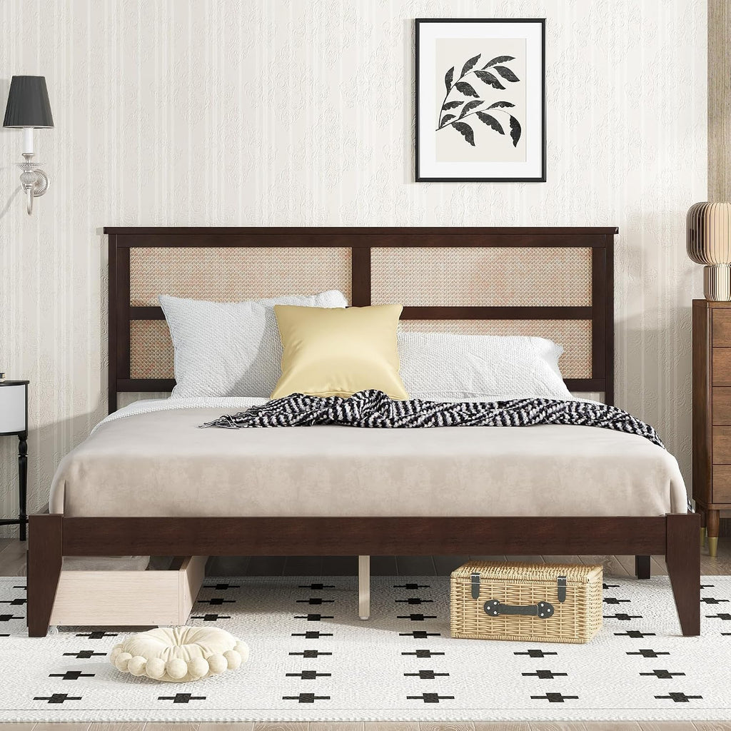 King Size Wood Platform Bed Frame with Rattan Headboard, 2 Storage Drawers, Modern Style Bed with Solid Wooden Slats, Easy Assembly, No Box Spring Required, for Bedroom, Guest Room, Espresso