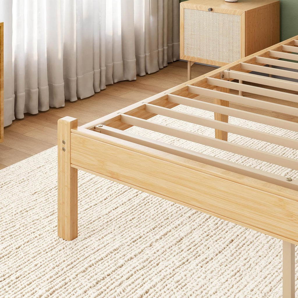 Solid Bamboo Wood Bed Frame Twin with Storage Headboard, 14 Inch Platform Bed Frame Twin Size No Box Spring Needed with Steel Slats, Sturdy and Stable, Easy Assembly, Noise Free